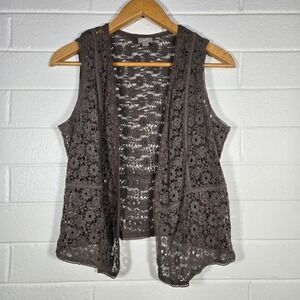 J Jill Gray Open Front Crochet Lace Layer Vest Boho Hippie Beachy Cotton Medium